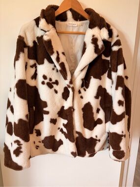 Vestique Cow Print Faux Fur Jacket Brown Cream Size M Western